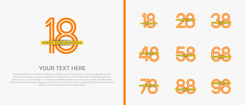 anniversary logo set with yellow ribbon. orange number on white background for celebration moment