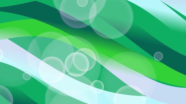Flowing green and blue abstract waves with floating bokeh bubbles.