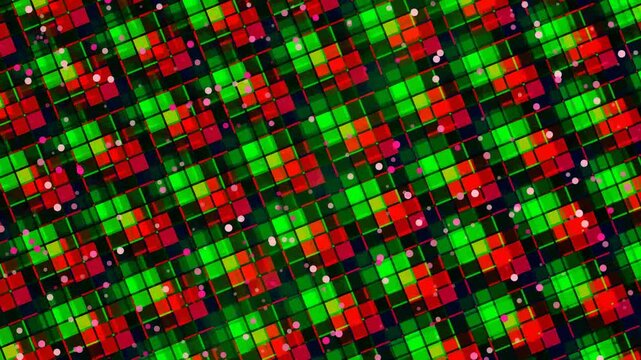 Festive green and red Christmas plaid background with glowing bokeh dots