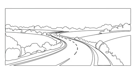 Fototapeta premium Curving Highway Through Green Countryside Landscape, Perspective View