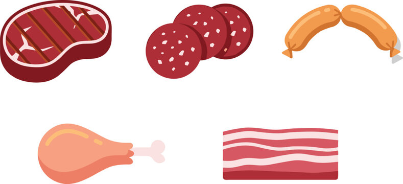 Butcher meat products flat vector icon set featuring grilled beef ribeye steak salami slices raw pork sausages chicken drumstick and crispy bacon strips