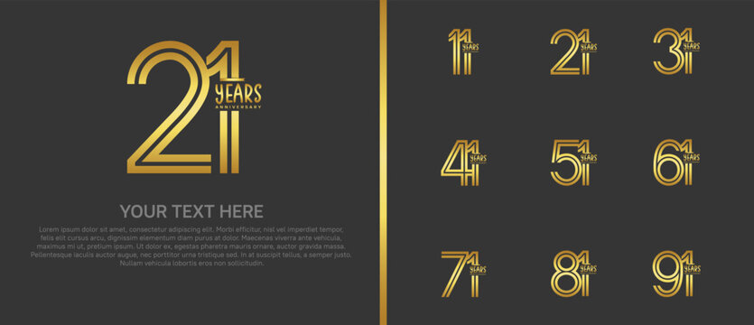 anniversary logo set with gold ribbon. golden number on black background for celebration moment
