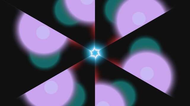 Colorful abstract geometric kaleidoscope animation transitioning through purple red and blue glowing bokeh shapes.