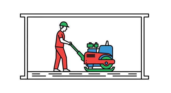 Construction worker using plate compactor for ground leveling in building site