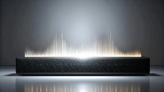 A dark, textured rectangular object with illuminated sound wave design