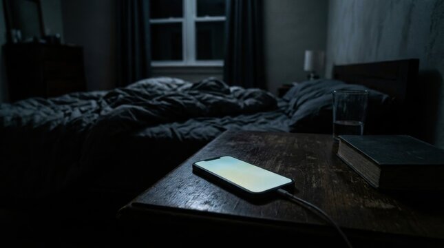 Phone Charging on Nightstand in Dark Bedroom During Digital Age