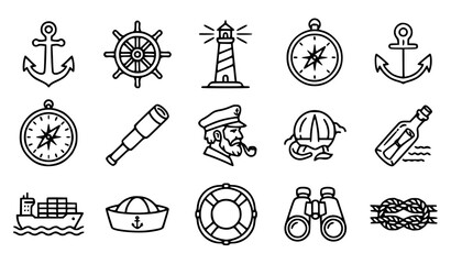 Day of the Seafarer vector icon set with simple bold line art marine anchor ship steering helm lighthouse and sailor captain clip art black and whiteDay of the Seafarer vector icon set with simple bol © Mdsahag