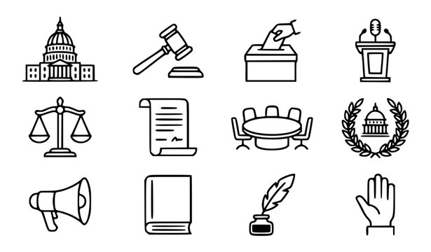 International Day of Parliamentarism vector icon set with simple bold line art democracy parliament building ballot box gavel and voting clip art black and white