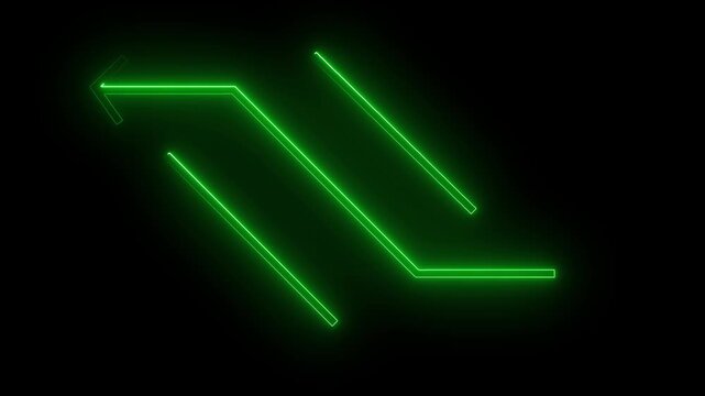 Lines composed of brilliant green neon light follow a precise diagonal trajectory against a deep black backdrop to suggest progress or a successful data connection in a clean digital environment.