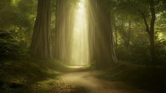 Serene forest scene with sunlight streaming through tall trees creating a peaceful natural backdrop for spiritual reflection
