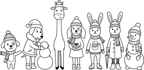 Obraz premium Cute winter holidays animal characters standing in a row wearing warm sweaters and building snowman for children coloring book vector page,