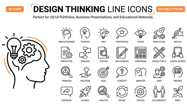 Design Thinking line editable icon set. Contain icons related to design, thinking, ideation, brainstorm, creativity, prototype, innovation, research, and more. Editable stroke. Vector illustration
