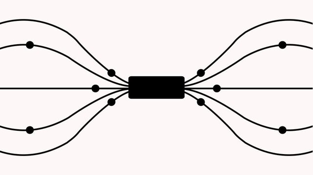 Black Digital Network Hub Animation with Flowing Data Nodes and Curved Connection Lines on White Background.