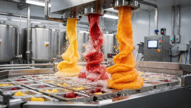 Industrial medium shot capturing sorbet being extruded and molded on a production line highlighting vibrant fruit pur&eacute;e mixing with ice before rapid freezing in a controlled