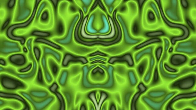 Green abstract liquid kaleidoscope with symmetrical morphing flow background