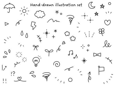 手書きの飾りイラストのベクターイラストセット。手描き、集中線、花、落書き、ハート、星