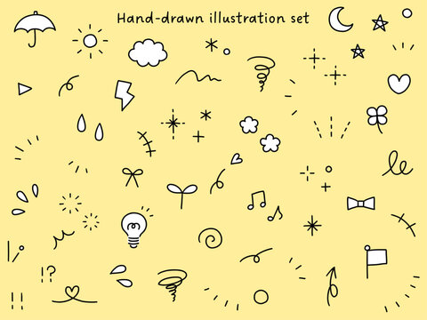 手書きの飾りイラストのベクターイラストセット。手描き、集中線、花、落書き、ハート、星