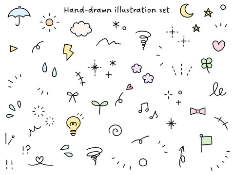 手書きの飾りイラストのベクターイラストセット。手描き、集中線、花、落書き、ハート、星