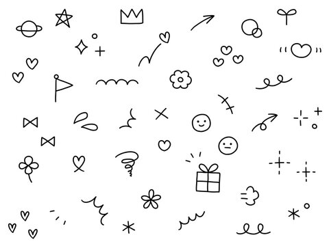 手書きの飾りイラストのベクターイラストセット。手描き、集中線、花、落書き、ハート、星