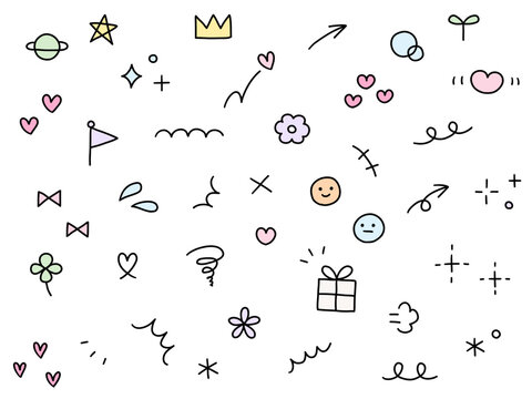 手書きの飾りイラストのベクターイラストセット。手描き、集中線、花、落書き、ハート、星