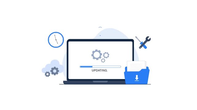 4k Laptop with Updating Progress Bar. System Update, Software Update Concept Animation Video