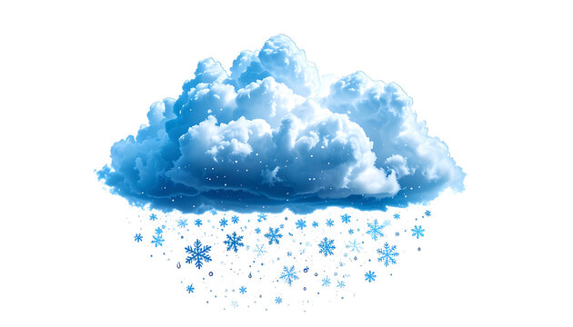 Fluffy blue winter cloud with falling snowflakes and ice crystals on white background.