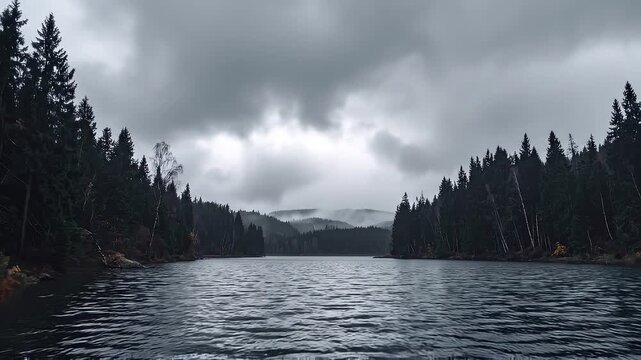 Moody overcast sky over a serene forest lake with dark pine trees reflection