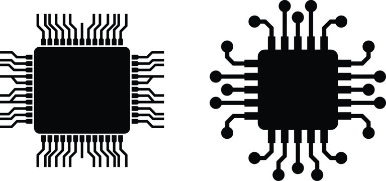 Electronic microchip processor unit icons with connection pins on transparent background.