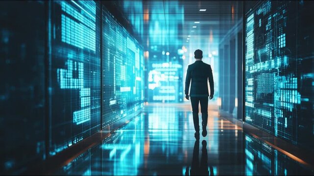Business Executive Walking Through a Futuristic Data Center with Digital Analytics Displays