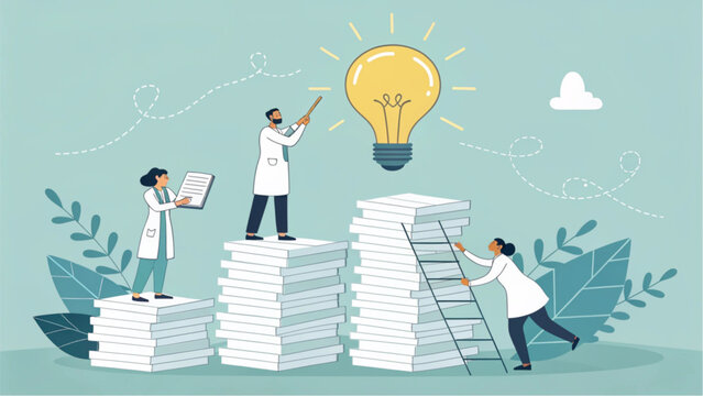 Three scientists in lab coats working together on stacks of books with a lightbulb above them representing a bright idea or innovation in a creative and educational setting