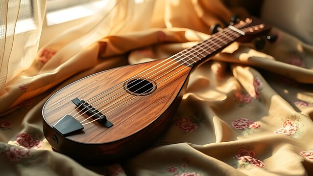 pipa. Exquisite pipa lute resting on embroidered silk fabric with curved headstock. event programs, museum guides, designed for cultural heritage projects and event programs, preserves heritage.