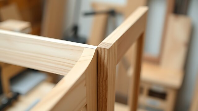 miter. Two wooden picture frame pieces with a perfect miter joint in a workshop. safety posters, maintenance manuals, designed for industrial assembly lines and welding operations.