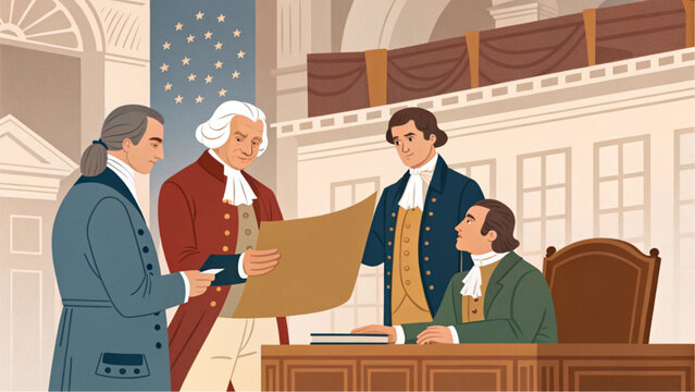 Illustration of four founding fathers in colonial attire discussing a document in a historic building with american flag