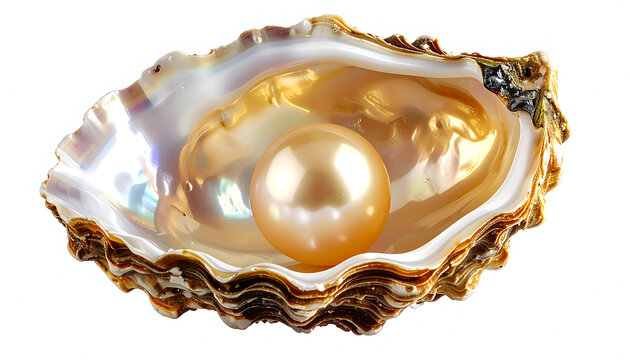 Golden pearl resting inside an open iridescent oyster shell with shimmering mother of pearl texture.