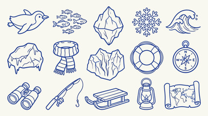 Collection of hand-drawn winter and arctic themed icons and illustrations. © zainab