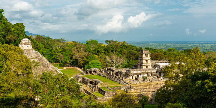 Palenque archaeological site panorama in rainforest, Chiapas, Mexico.