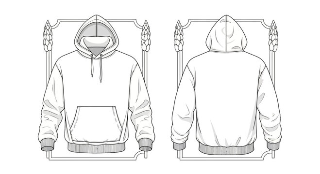 Front and Back View of a White Hoodie with Pouch Pocket and Drawstring Hood