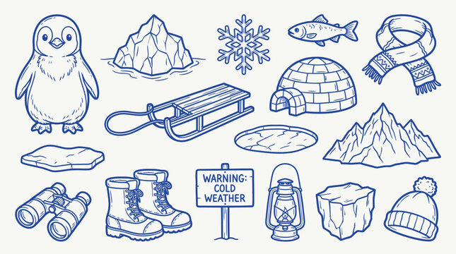 Collection of cute cartoon winter icons including a penguin, igloo, snowflake, and sled.