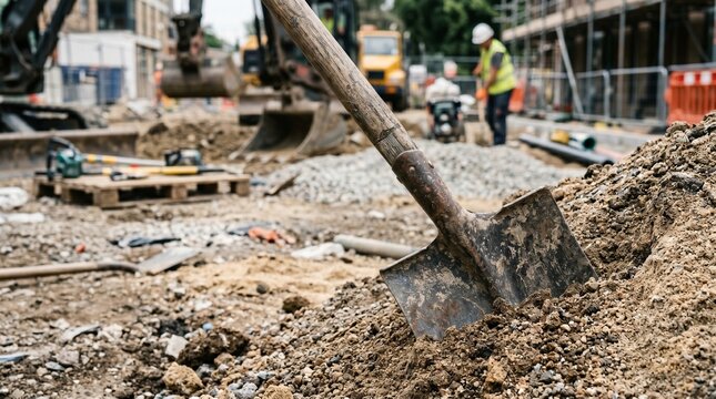 Construction worker operates heavy machinery with shovel on a building site