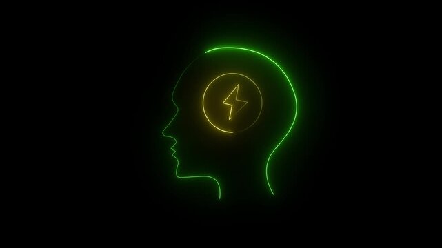 Head silhouette outlined in bright green neon displays a central lightning bolt icon to communicate peak human performance and the immediate surge of inspiration required for creative project.