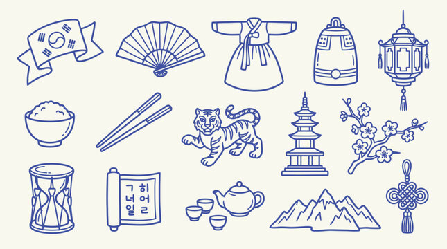 Collection of Korean cultural symbols and icons in a doodle art style.