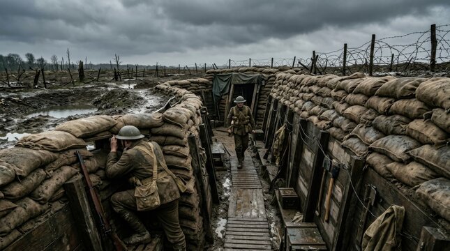 Soldiers in Trench Surrounded by Sandbags Under Dark Clouds