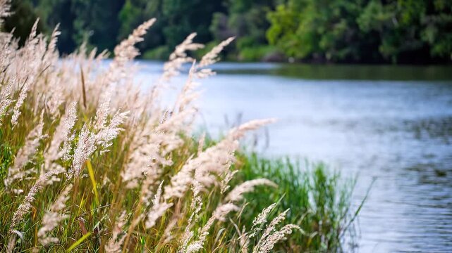 Golden tall grasses swaying gently in the wind beside a serene lake at sunset