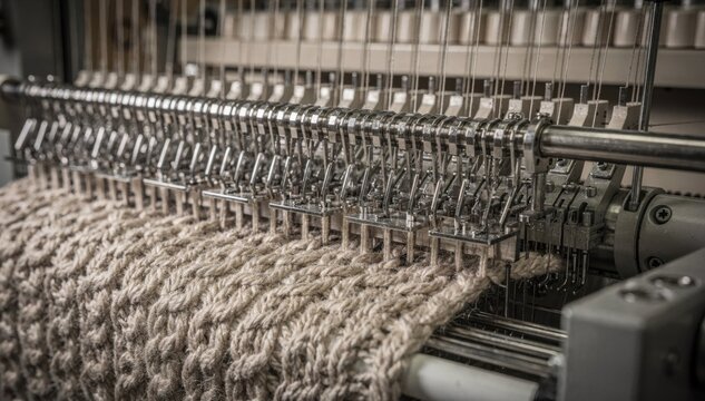 Medium shot of rib setup on knitting machine latch needles illustrating synchronized movement as yarns form textured rib patterns with detailed mechanical rhythm.