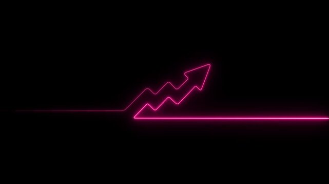 Glowing neon arrow business graph chart icon animation background. Market Recovery Concept. Successful growth trend Green line graph going Up.