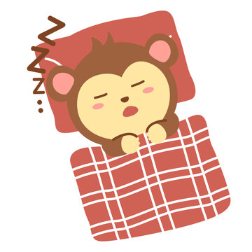 Cute monkey mascot character sleeping with pillow and blanket, rest theme kawaii style illustration isolated on background.