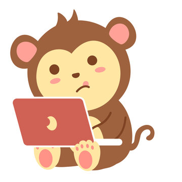 Cute monkey mascot character using laptop computer, work theme kawaii style illustration isolated on white background.