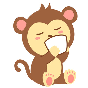 Cute monkey mascot character eating food with happy expression, kawaii style illustration isolated on white background.