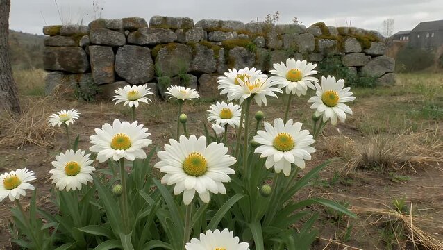 A close up view of a flourishing plant with numerous small pure white blooms resembling daisies arranged as a floral tribute