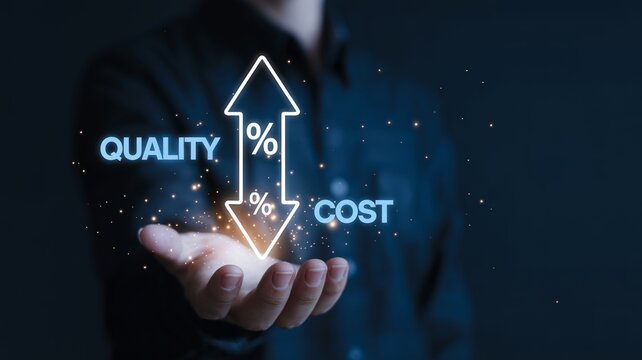 Businessperson presenting growth chart of quality versus cost with upward arrow and percentage symbols.